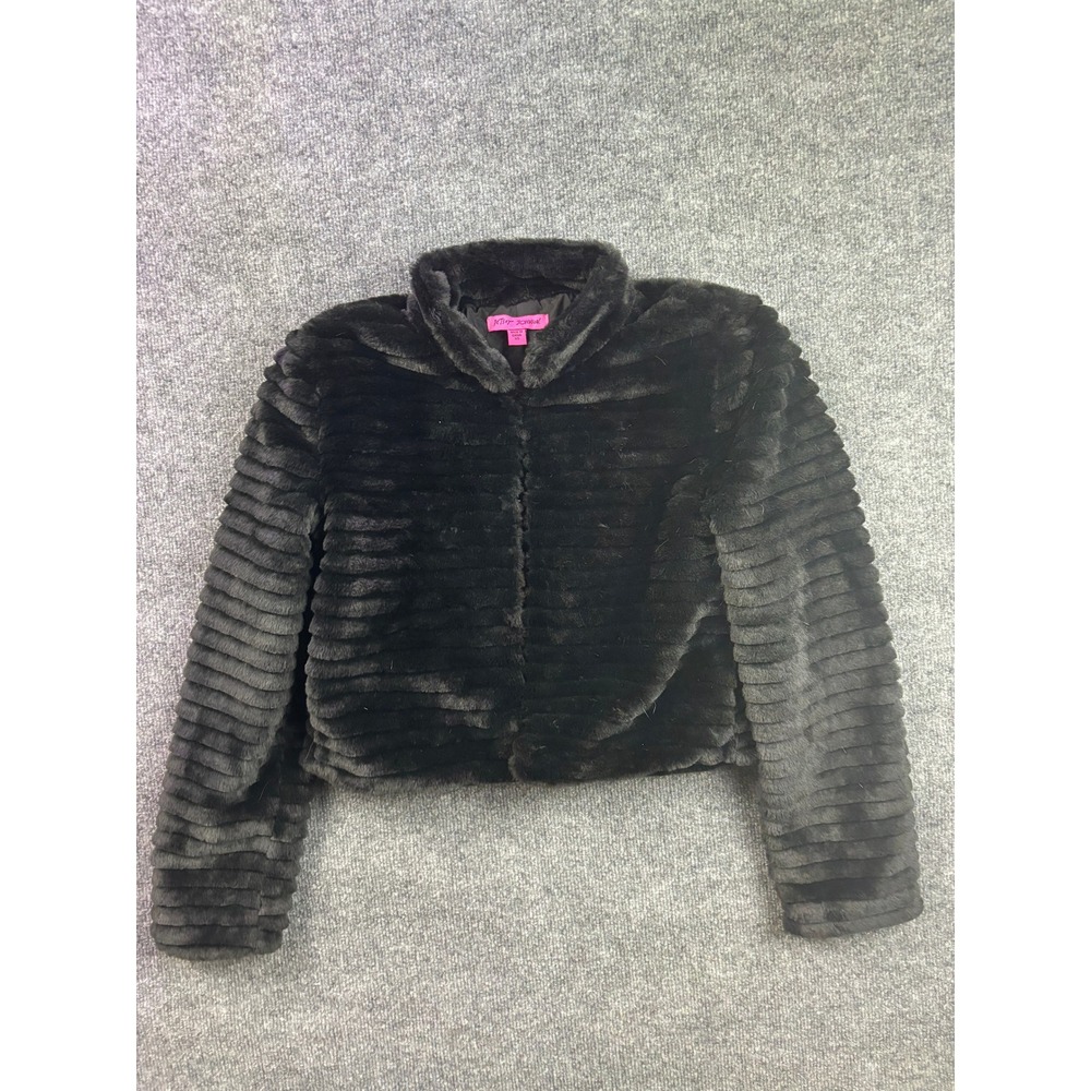Betsey Johnson Faux Fur Jacket Womens XS Black‎ Ribbed Cropped Hook Eye JL302569